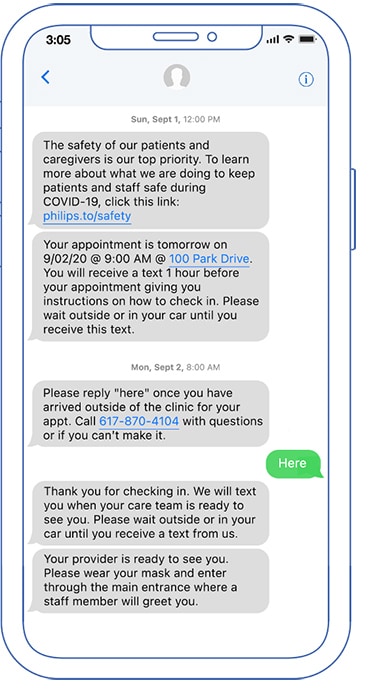 Philips Patient Manager mobile phone screen showing steps to guide a patient, starting with pre-appointment preparation
