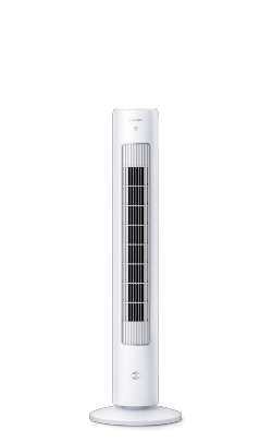 Garš balts Philips 5000 sērijas torņveida ventilators ar aromterapijas pogu priekšā.