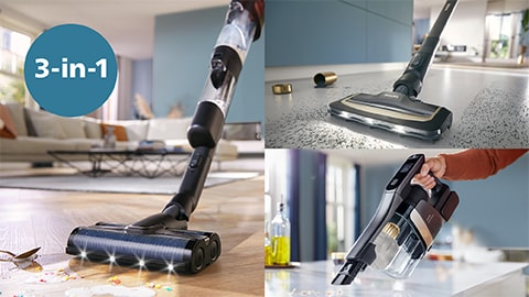 Philips AquaTrio 9000. sērijas sausās un mitrās uzkopšanas bezvadu putekļsūcējs uzkopj mājokli.
