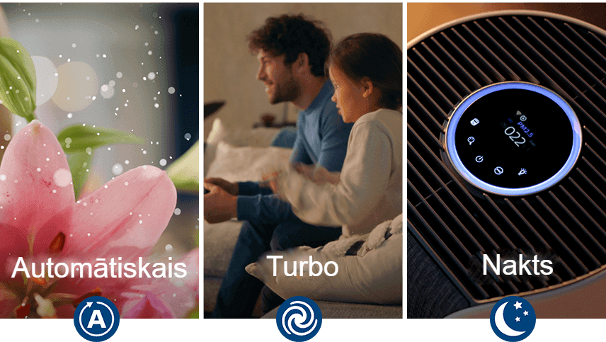 3 gaisa attīrītāja režīmi: turbo, nakts un automātiskais