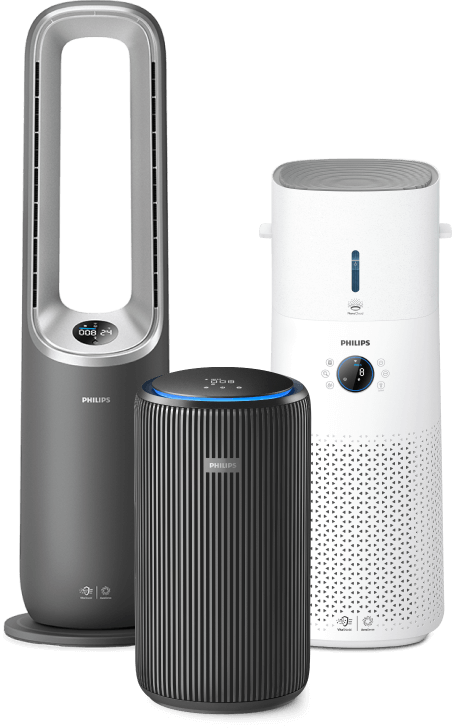 Vairāki Philips gaisa attīrītāji, kas novietoti blakus cits citam