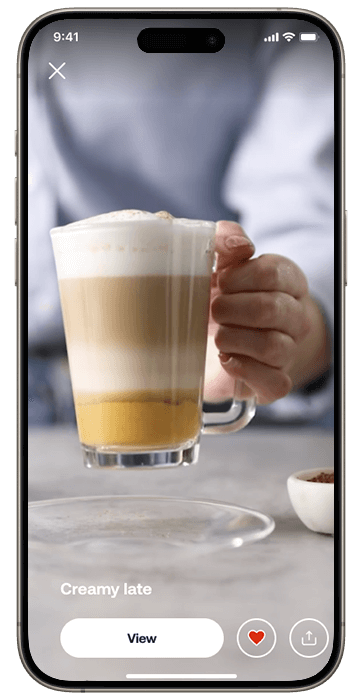 Viedtālrunis ar atvērtu HomeID ekrānu, kurā redzama kafijas recepte